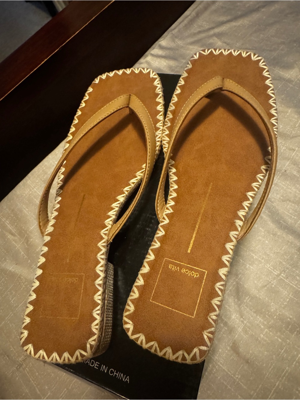 Dolce Vita Tan Suede Zigzag-Trim Thong Sandals